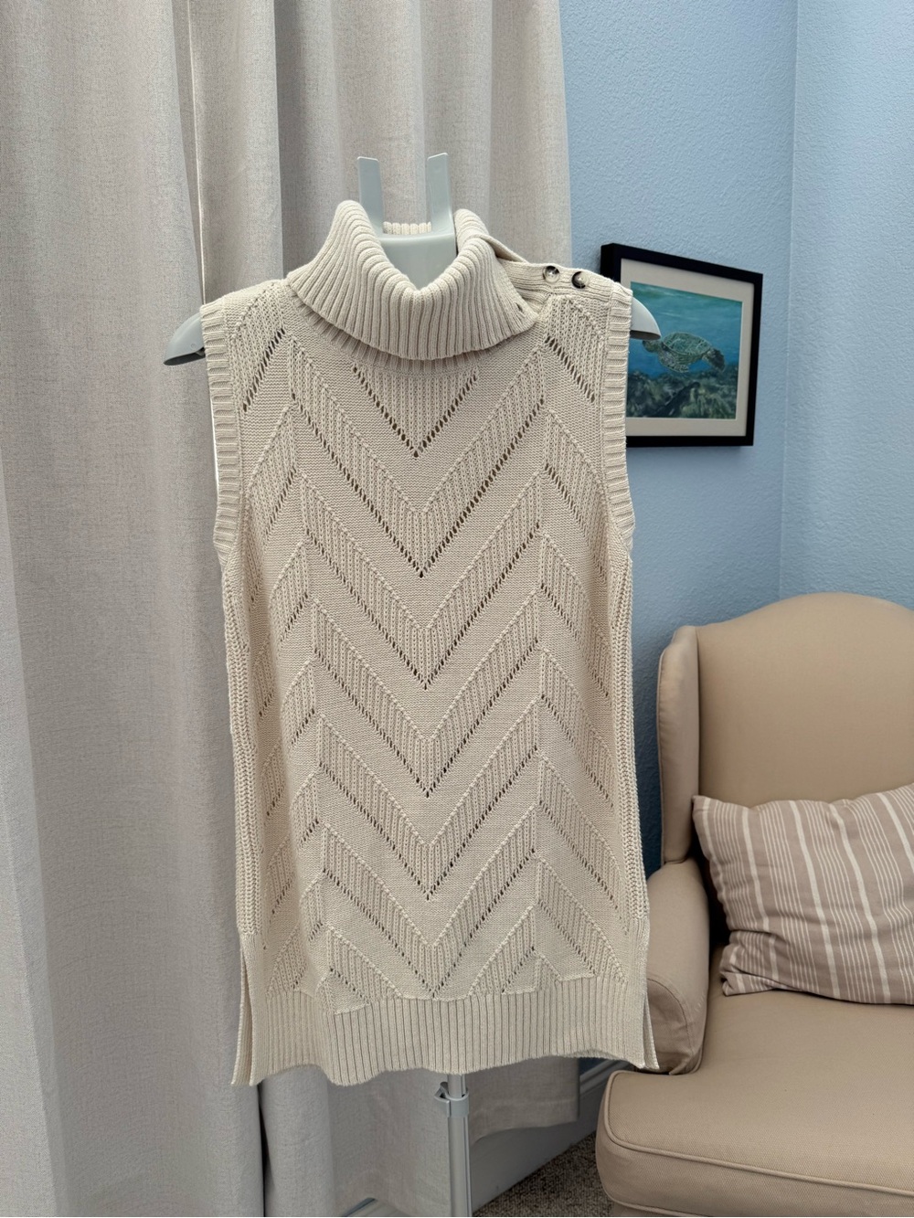 Banana Republic Sleeveless Turtleneck Knit Tunic Vest Cream Quiet Luxury M